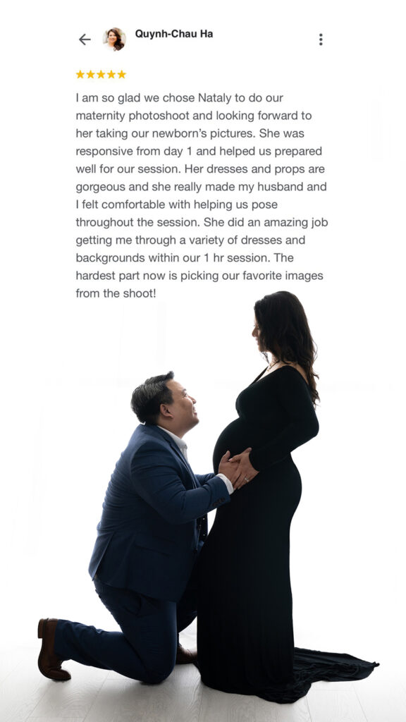 Couple interacting during elegant black maternity shoot &ndash; review overlay