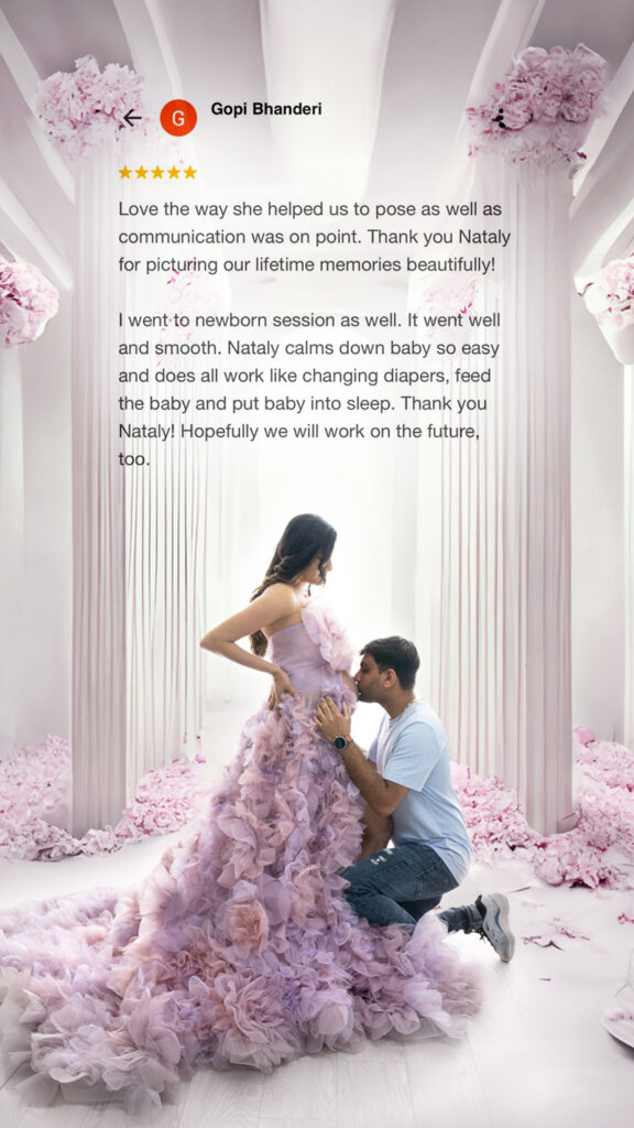Couple posing in pink ruffled gown during maternity shoot &ndash; client testimonial