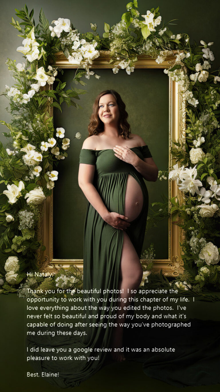 Elegant maternity portrait of expecting mother in green gown, surrounded by floral frame - client testimonial overlay