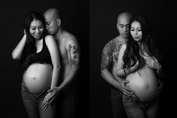 Intimate Black & White Maternity Couple Portrait Black and white maternity photo of a couple embracing and holding the belly
