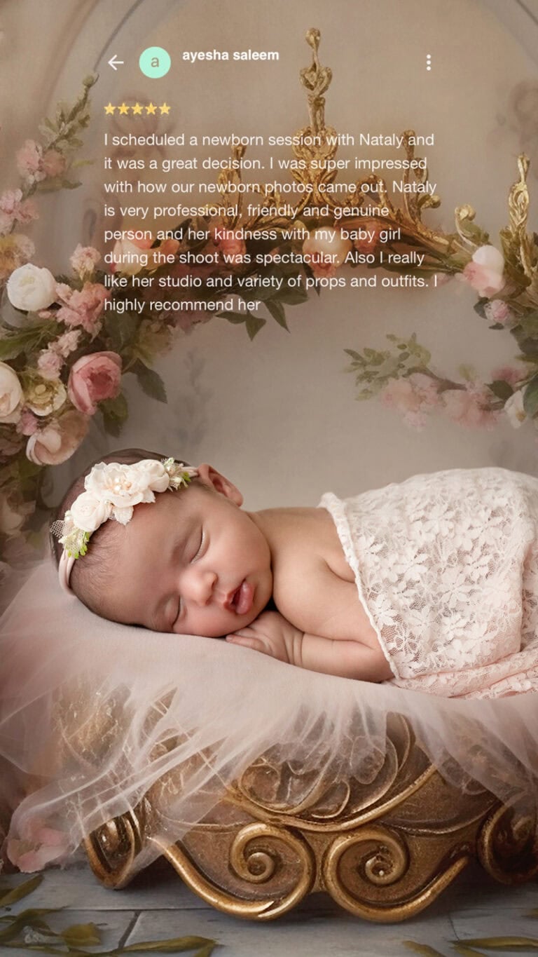 Peaceful newborn baby girl sleeping in lace wrap with floral background – client testimonial overlay