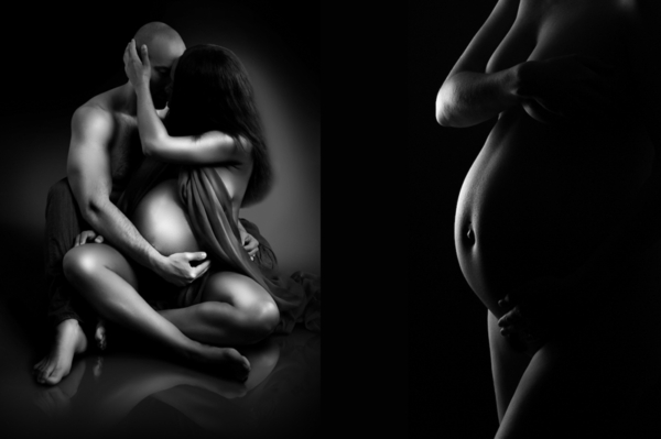 Love & Light — Fine Art Couple and Belly Portraits Black-and-white maternity portraits — a pregnant couple embracing in an intimate pose