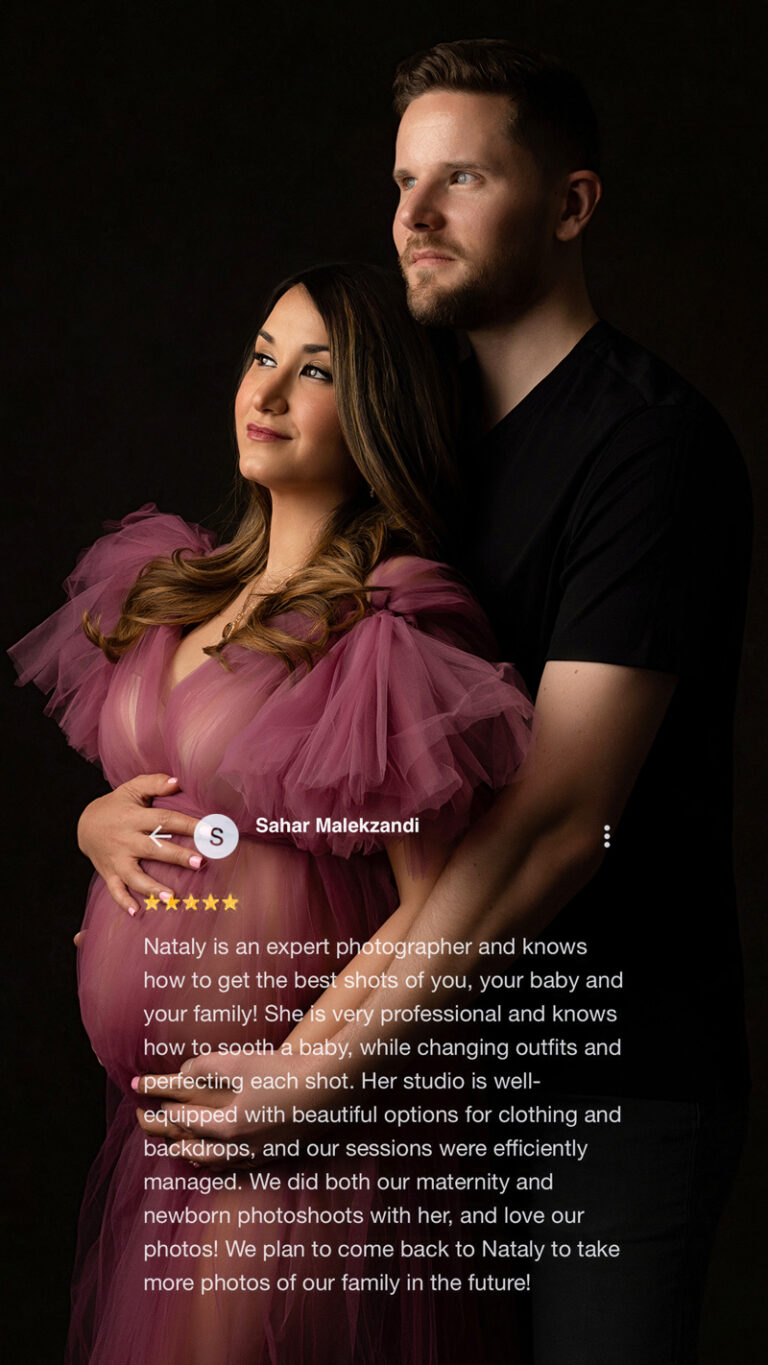 Romantic maternity couple portrait with woman in sheer pink dress and 5-star client review
