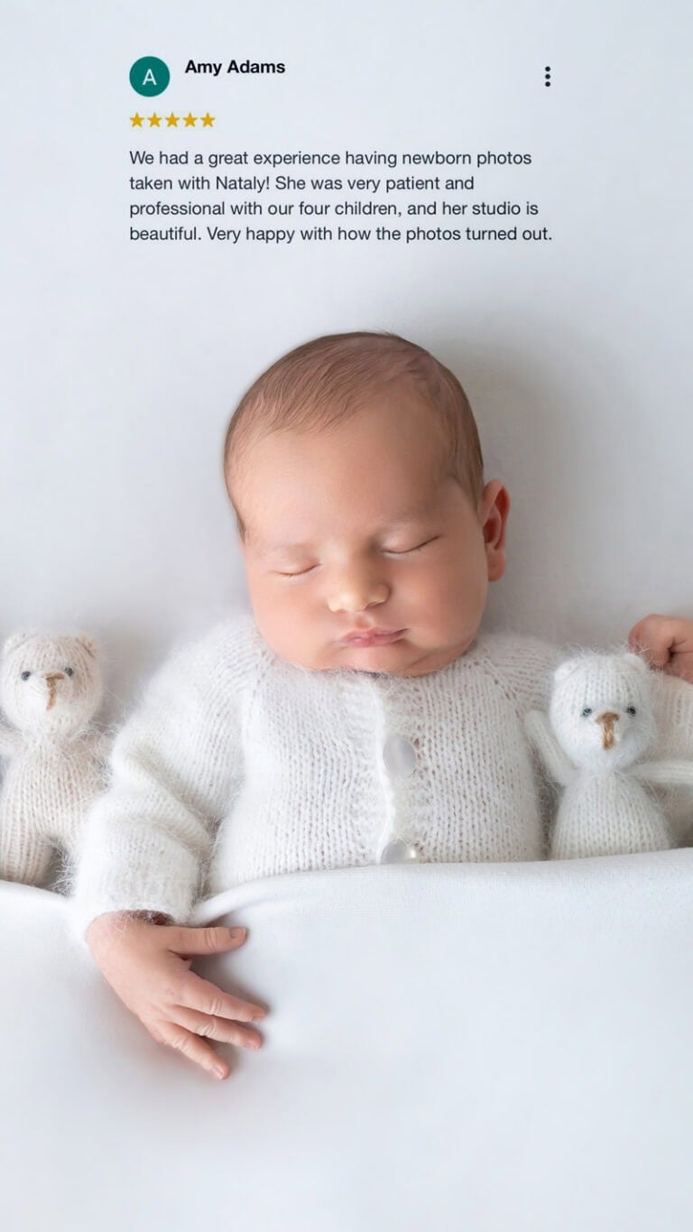 Cozy newborn photo of baby in white with teddy bears – client testimonial overlay