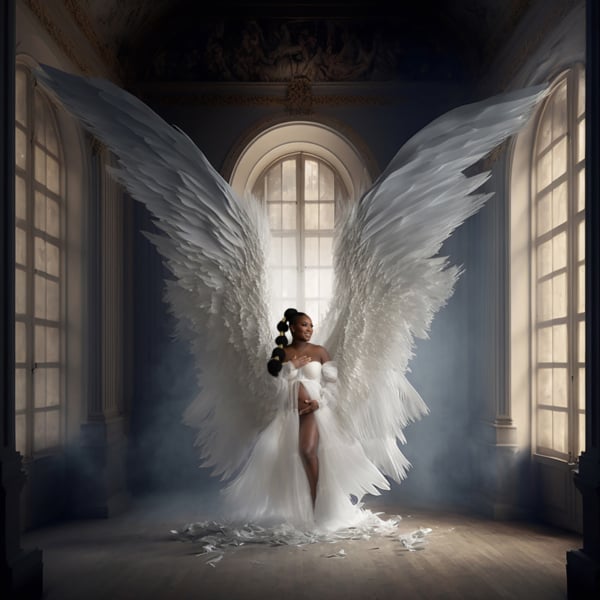 Divine Motherhood — Angel Wings Maternity Portrait Pregnant woman wearing angel wings and white tulle gown standing in a palace-like room with tall windows