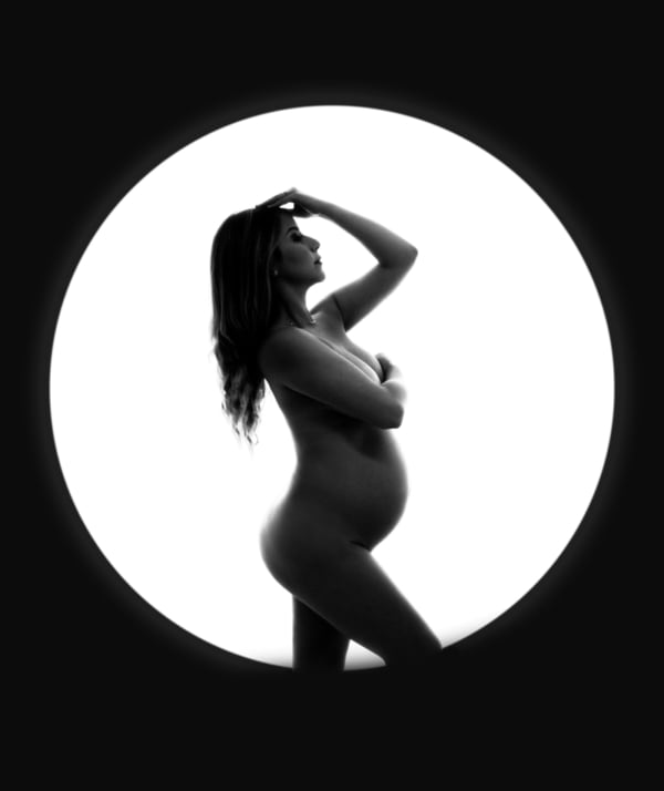 Lunar Silhouette — Fine Art Maternity Portrait Black-and-white silhouette maternity portrait in profile