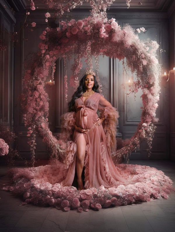 Royal Bloom — Pink Fine Art Maternity Portrait Pregnant woman in a pink royal gown and crown standing standing in studio