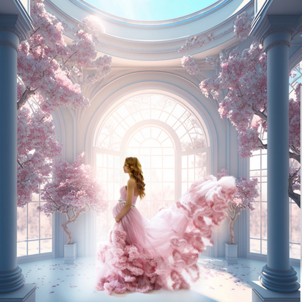 Spring Blossom Maternity Portrait in Pink Gown Pregnant woman in a pink gown standing among cherry blossoms