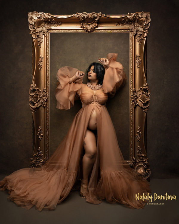 Elegant Maternity Portrait in Gold Frame maternity portrait of pregnant woman in copper gown inside ornate gold frame