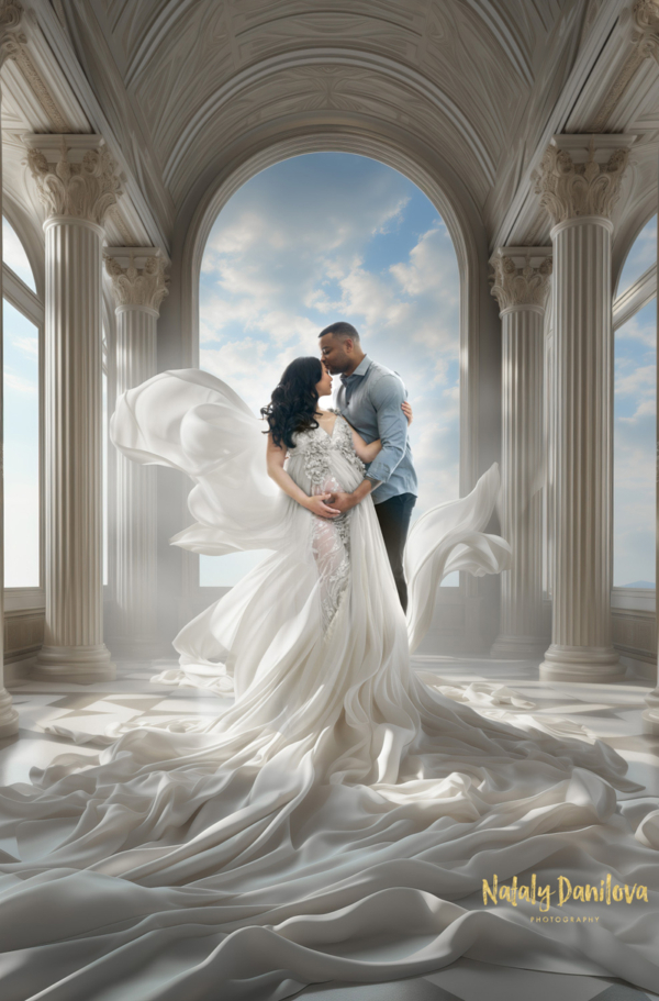 Ethereal Maternity Kiss at the Columns Pregnant couple embracing under grand white columns, with the woman in a gown