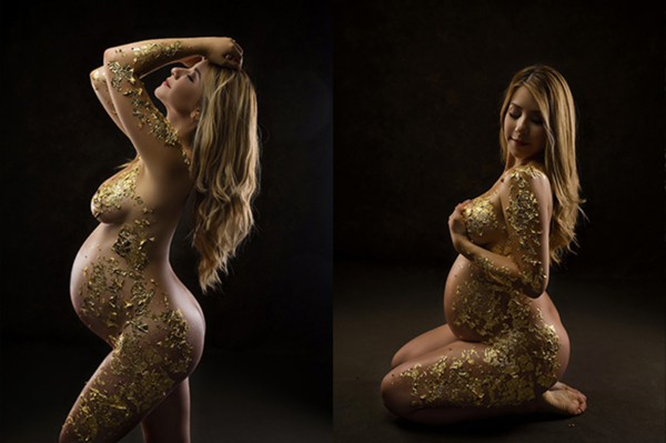Gilded Grace — Gold Leaf Fine Art Maternity Black-and-white nude maternity photo of a pregnant woman lying on her side