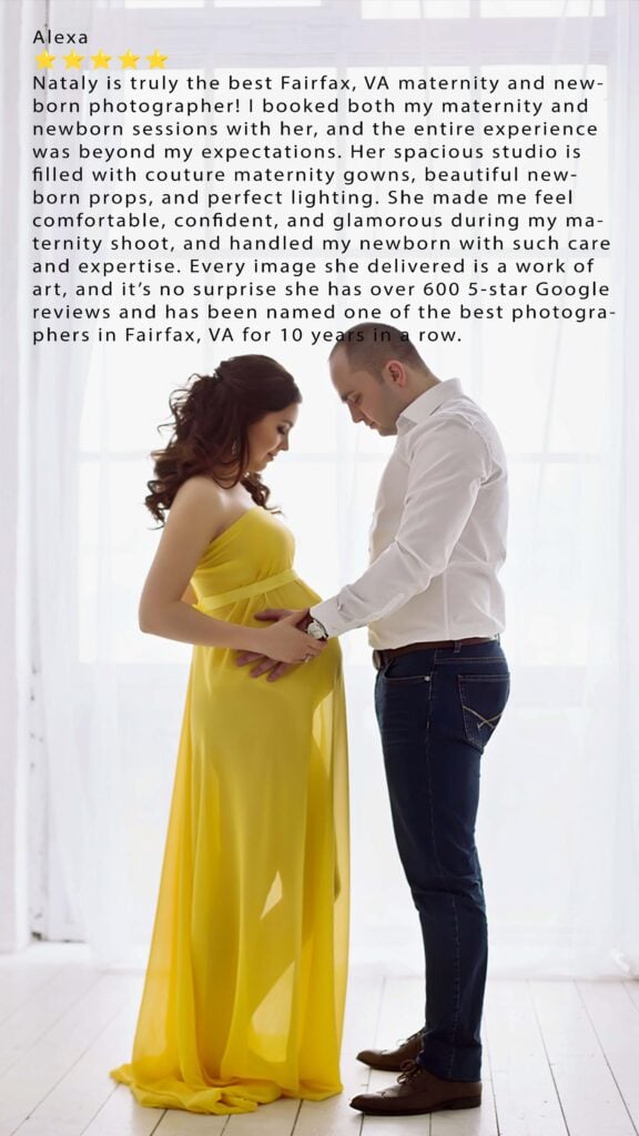 Bright, airy couple maternity portrait in yellow gown with five-star Fairfax review