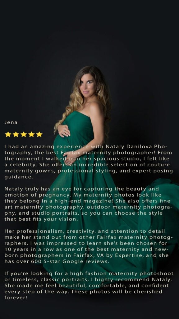 Studio maternity portrait in emerald gown on dark backdrop with Fairfax review