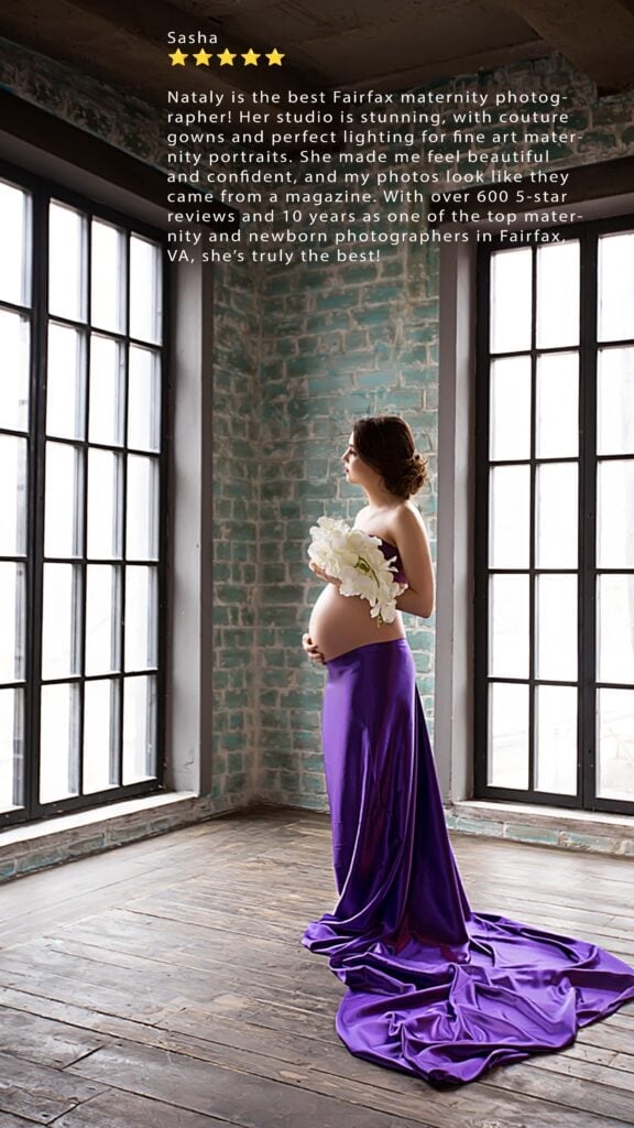 Expecting mom in purple couture gown by a window with five-star Fairfax review