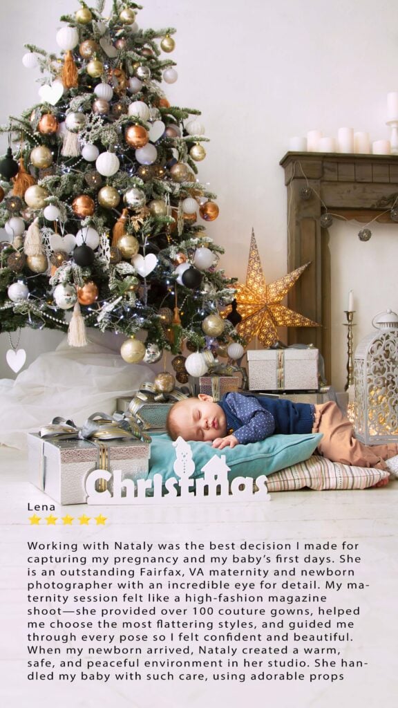 Newborn sleeping by Christmas tree and gifts with Fairfax review text