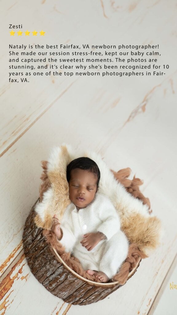 Sleeping newborn in rustic wood bowl on white wood backdrop with five-star Fairfax review