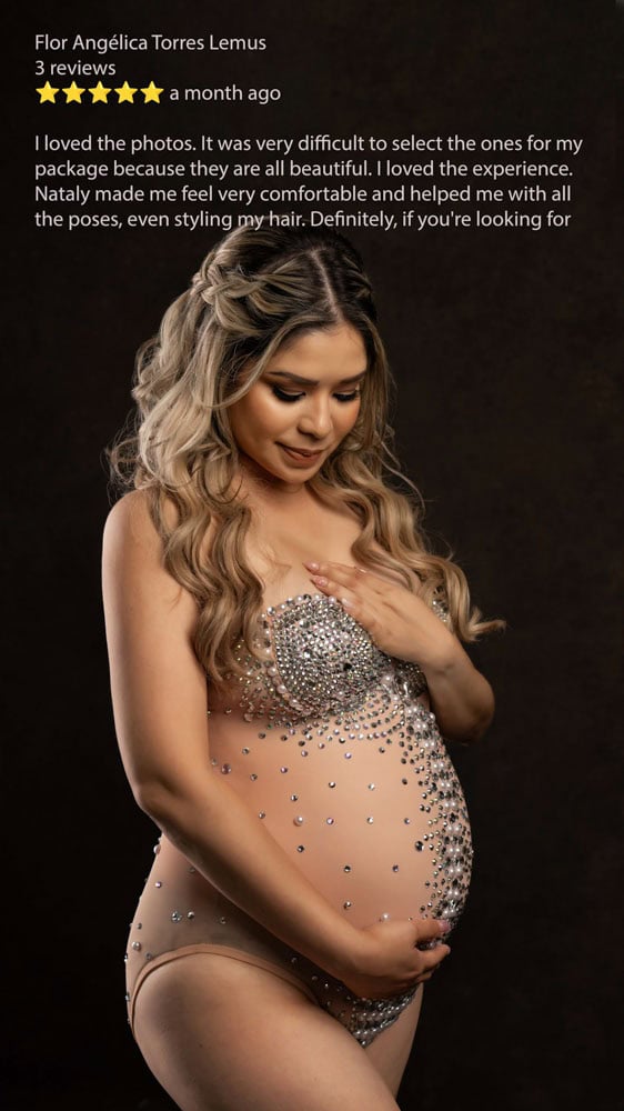 Glamorous Maternity Session Experience Review Maternity studio portrait of a mom-to-be in a beaded bodysuit with glowing smile