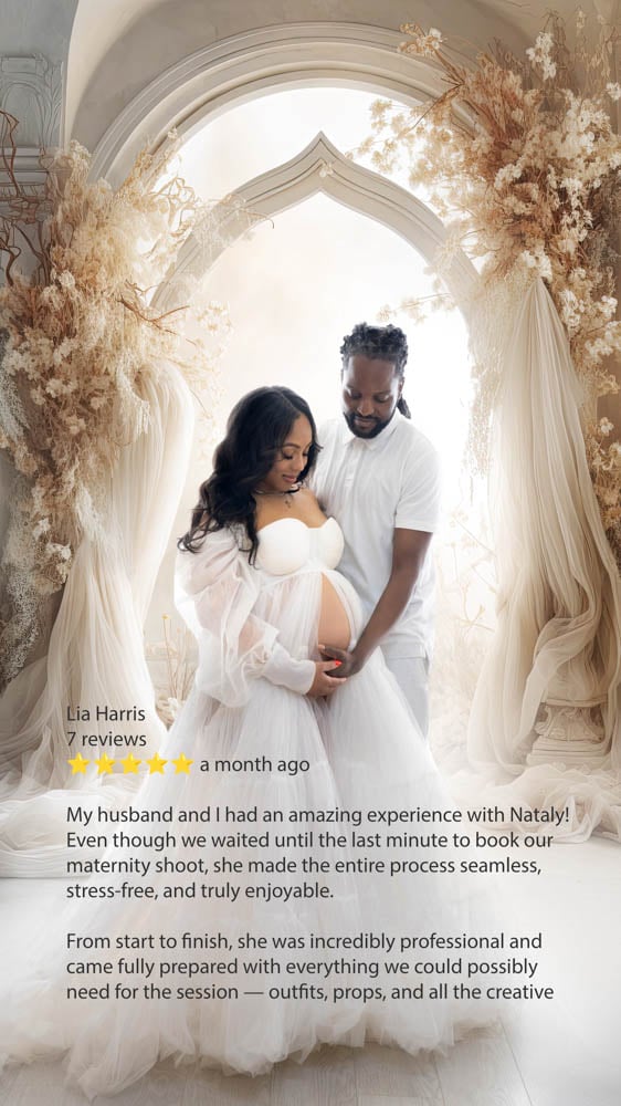 Seamless & Stress-Free – Maternity Client Review Elegant maternity shoot with arched floral backdrop – review