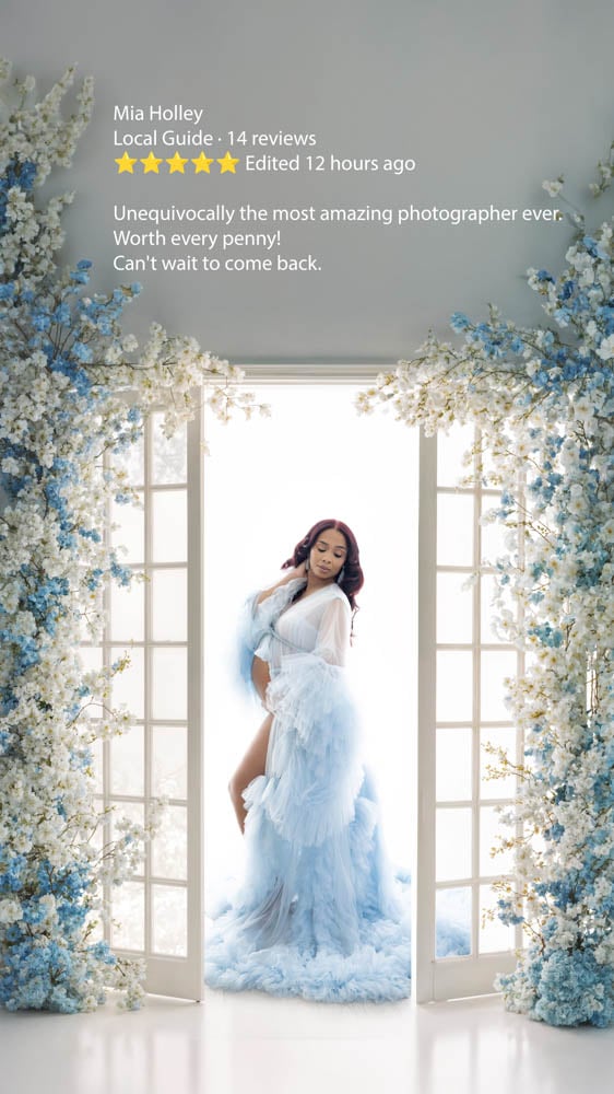 Most Amazing Photographer – Client Testimonial Dramatic blue floral maternity setup with glowing review quote