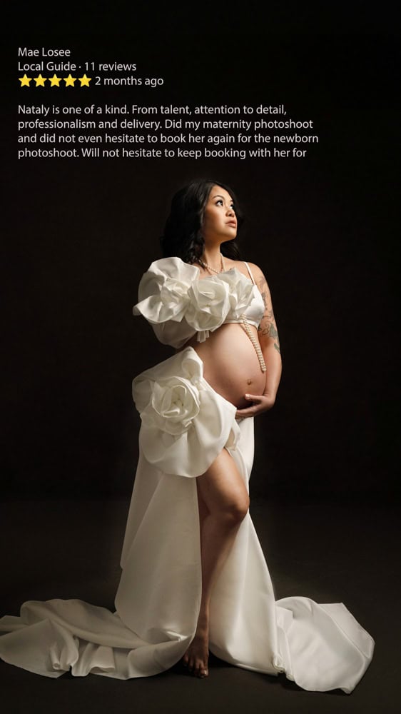 From Maternity to Newborn – Loyal Client Review Studio maternity portrait in floral gown – glowing client review