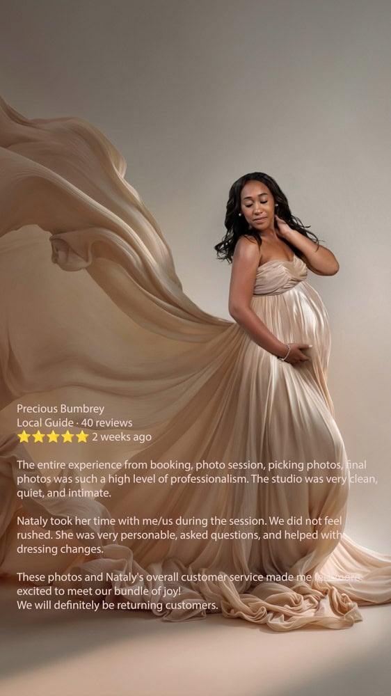 Flowing satin gown maternity portrait – detailed client review
