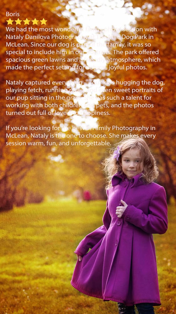 Child in purple coat during golden fall at a McLean dog park — family session