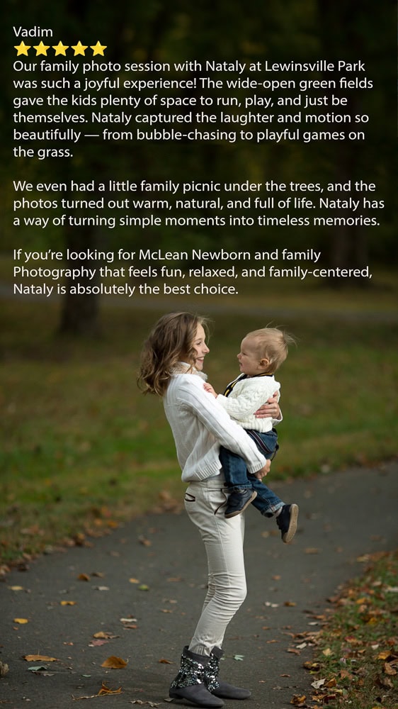 Mother lifting toddler on a path at Lewinsville Park in McLean — family session by Nataly Danilova Photography