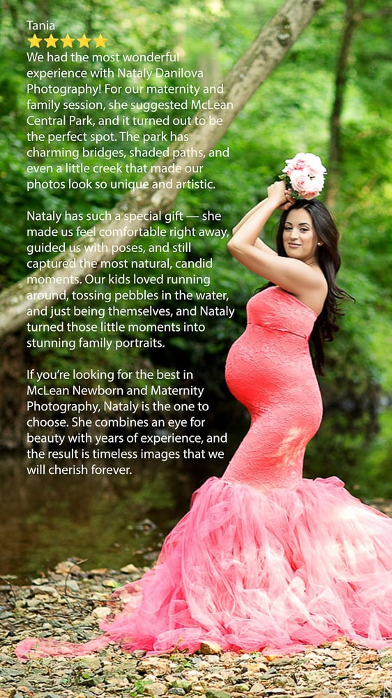 McLean Newborn and Maternity Photography at McLean Central Park—elegant pink gown portrait by Nataly Danilova