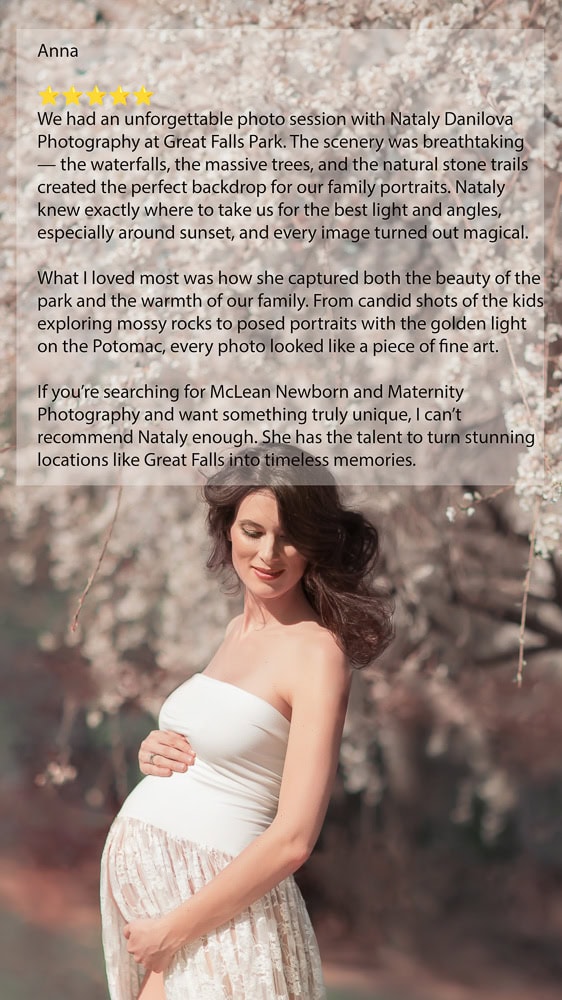 McLean Newborn and Maternity Photography Review at Great Falls Park—cherry-blossom maternity portrait by Nataly Danilova