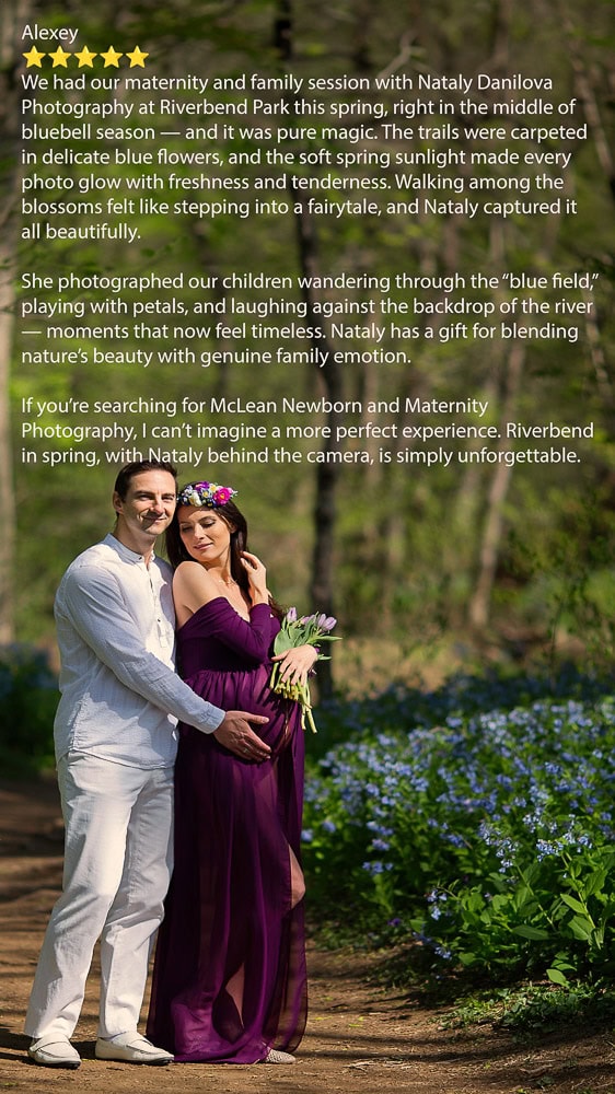 McLean Newborn and Maternity Photography Review at Riverbend Park—spring bluebells couple portrait by Nataly Danilova