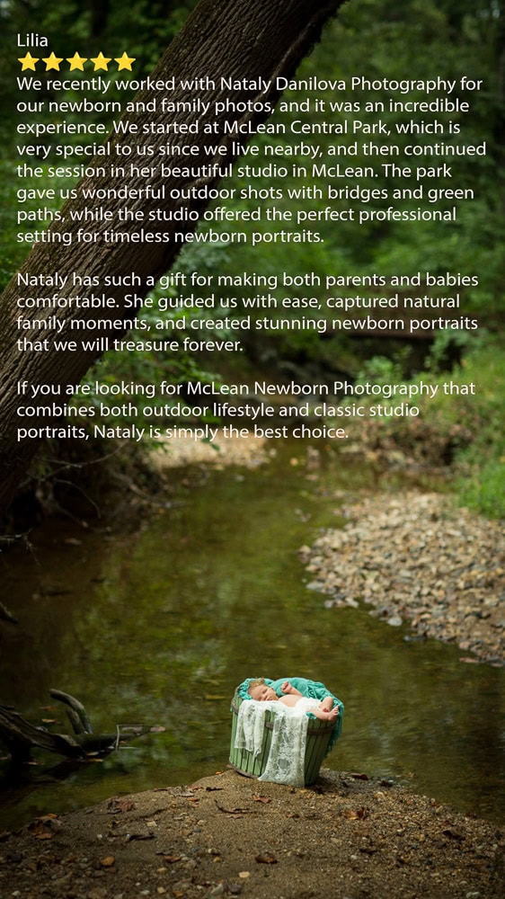 Newborn in bucket by creek at McLean Central Park — family and studio session