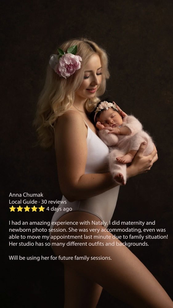 Maternity & Newborn Review – Anna Chumak Studio maternity and newborn portrait with elegant floral styling – client review from Anna