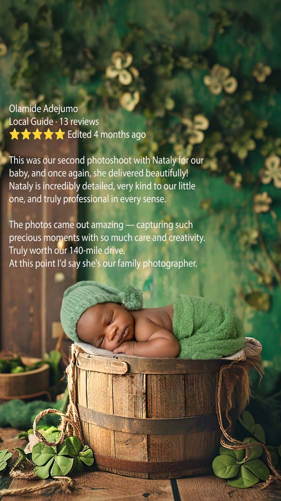 Family Photographer Review – Green-Styled Newborn Session Artistic newborn photo with baby in green knit wrap and hat inside wooden bucket – repeat client review overlay